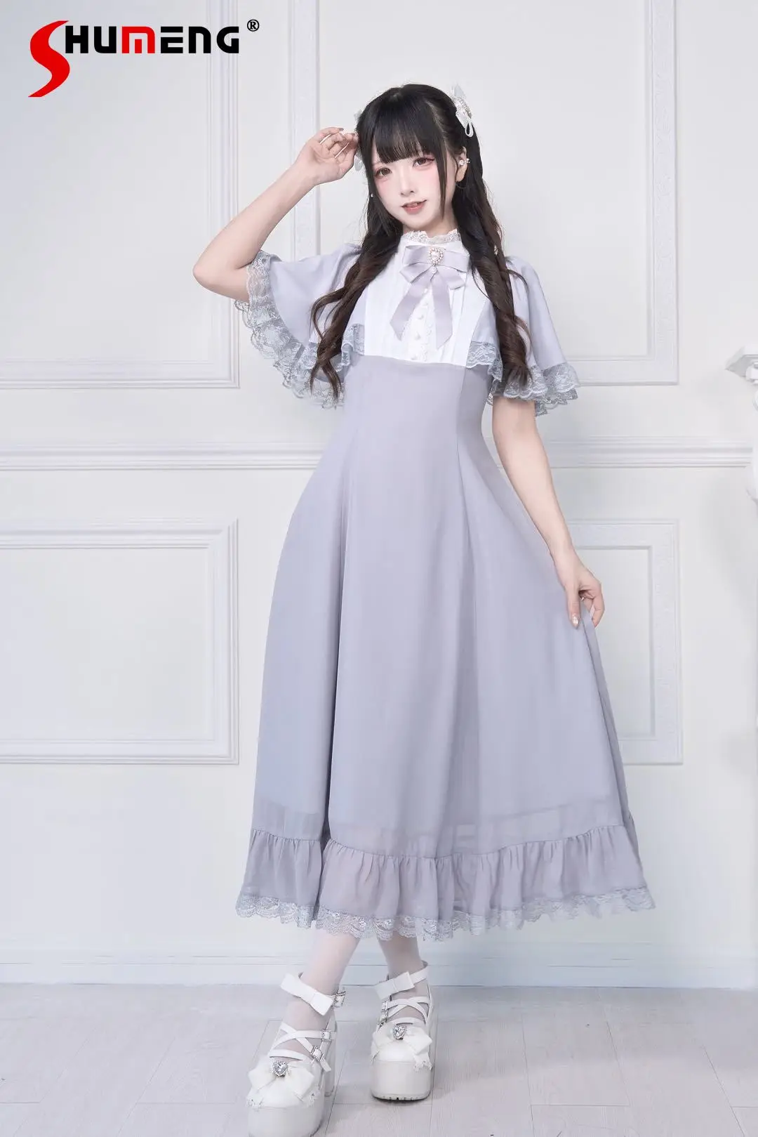 

Japanese Mine Subculture Harajuku Style Lace Stand Collar Heart Bow Cape Sleeve High Waist Lace-up Slim A-line Long Dress Women