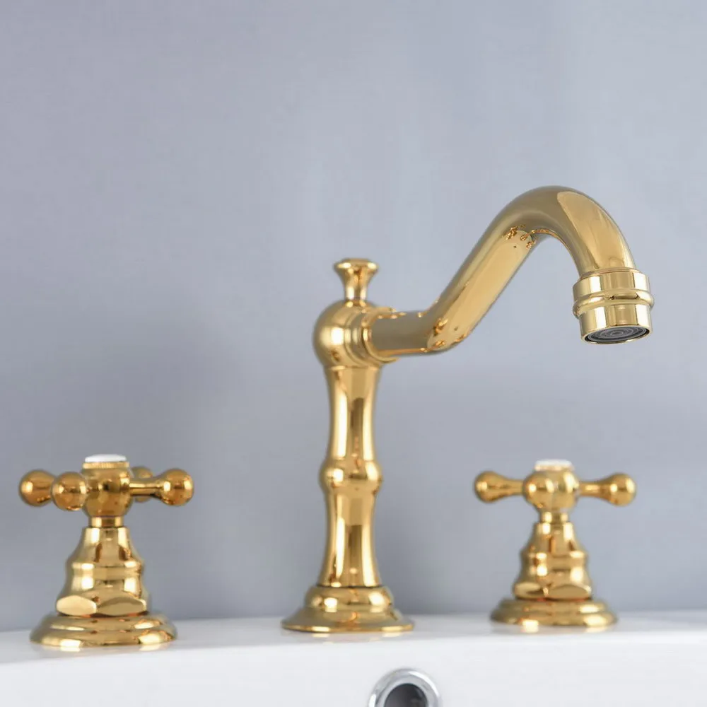 

Basin Faucets Gold Color Brass Deck Mounted Bathroom Sink Faucets 3 Hole Double Handle Hot And Cold Water Tap tnf983