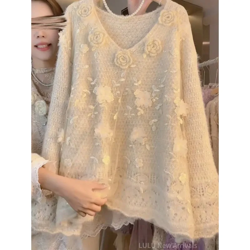 

Женский свитер с v-образным вырезом в корейском стиле с объемным цветком на осень и зиму, свободный повседневный элегантный универсальный пуловер