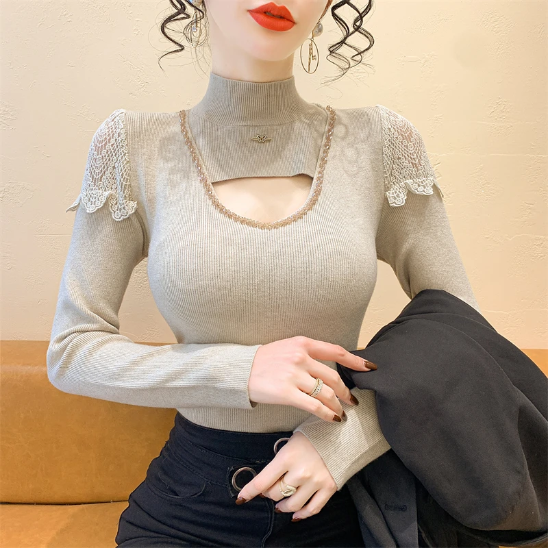 

2025, новинка, европейская, одежда, вязаный, свитер, женский, шикарный, сексуальный, макет шеи, пэчворк, кружево, полые, блестящие, бусины, длинный рукав, топы, 51011