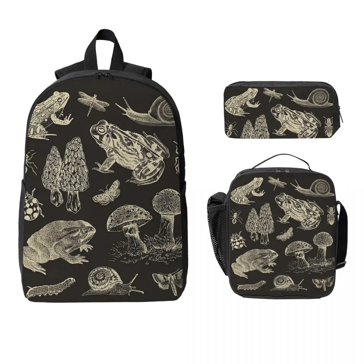 

Frog, Mushroom, Snail, And Moth Insects Backpack Boys Girls BookBag School Bag Shoulder Bags 3ps Insulated Lunch Bag Pencil Case