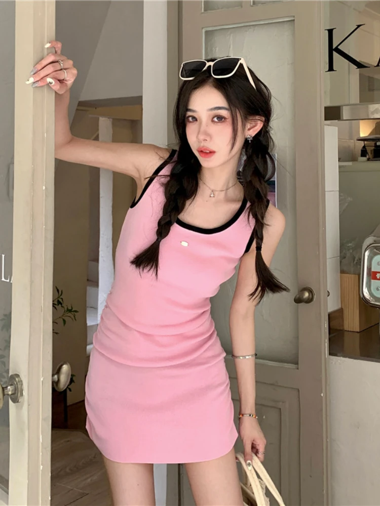 2024 Sleeveless Tank Dress Women Contrast Color Robe Vintage Harajuku Sweet Mini Knitted Basic Pencil Dresses Summer Vestidos