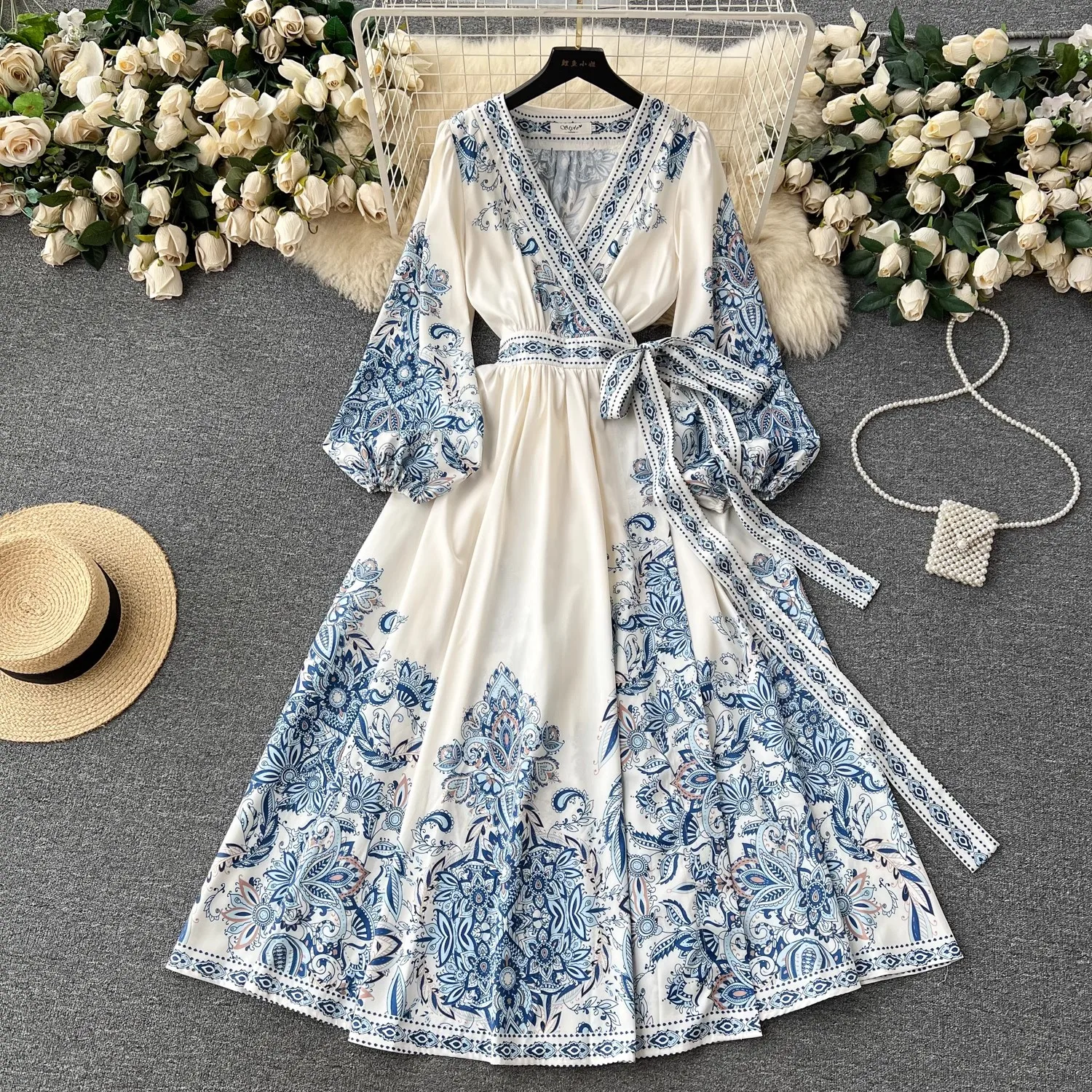 

Bohemian Beach Print Maxi Dress Women Spring Summer V Neck Flare Sleeve Dress Elegant Party Vestidos