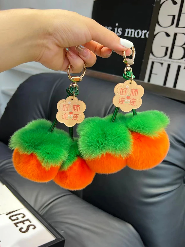 Cute Persimmon Real Rex Rabbit Fur Key Chains Plush Ball Women Bag Charm Ornaments Car Keyring Metal Pendant Trinkets Girls Gift