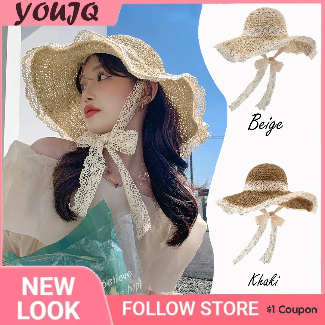 

2023 Women's Summer Sun Hat Folding Sun Hat Wide Brim Beach Sweet Hat Lace Straw Hat Chapeau Femme Beach UV Protection Hat