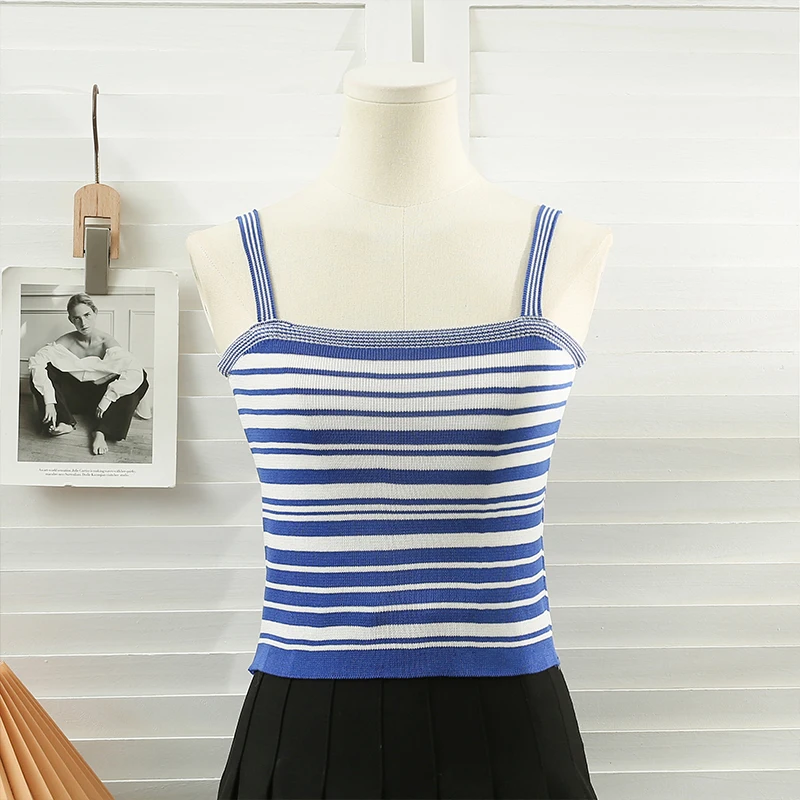 Pearl Diary Women Summer New Style Stripe Crop Tops Fashion All-Match Sweet Camisole Slim Thin Short Knitting Sleevless Tops