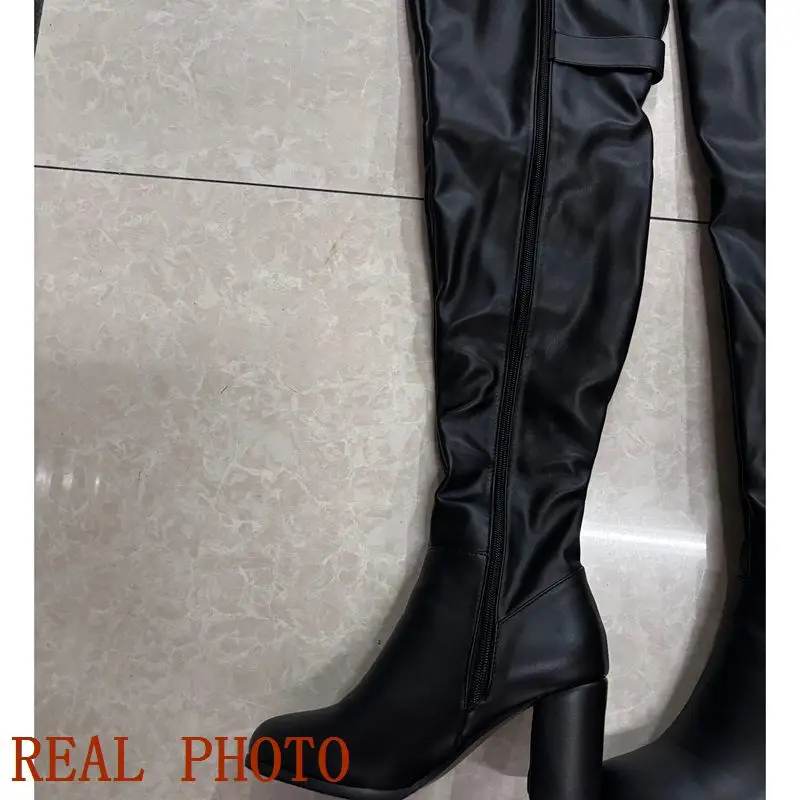 Girseaby Sexy Ladies Mid Block Heel Over Knee Boots PU Leather Big Size 52 Party Warm Winter Plush Black F1292