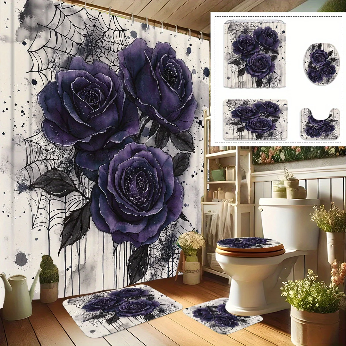 

Набор украшений для ванной комнаты с фиолетовым розовым цветочным узором в виде паутины, 4 предмета, нескользящий коврик, U-образный коврик для унитаза, занавеска для душа