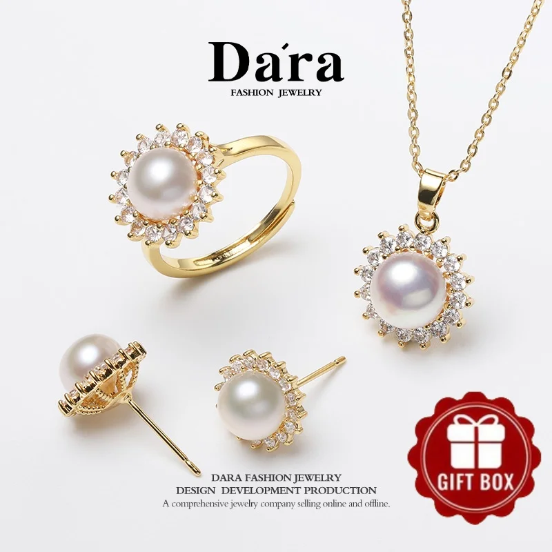 Freshwater White Pearl Set, 7-8mm Seedless High-Luster Sunflower Pendant, Earrings, and Ring, Luxury Gift Box for Holiday Gift-Giving, Women's Gift