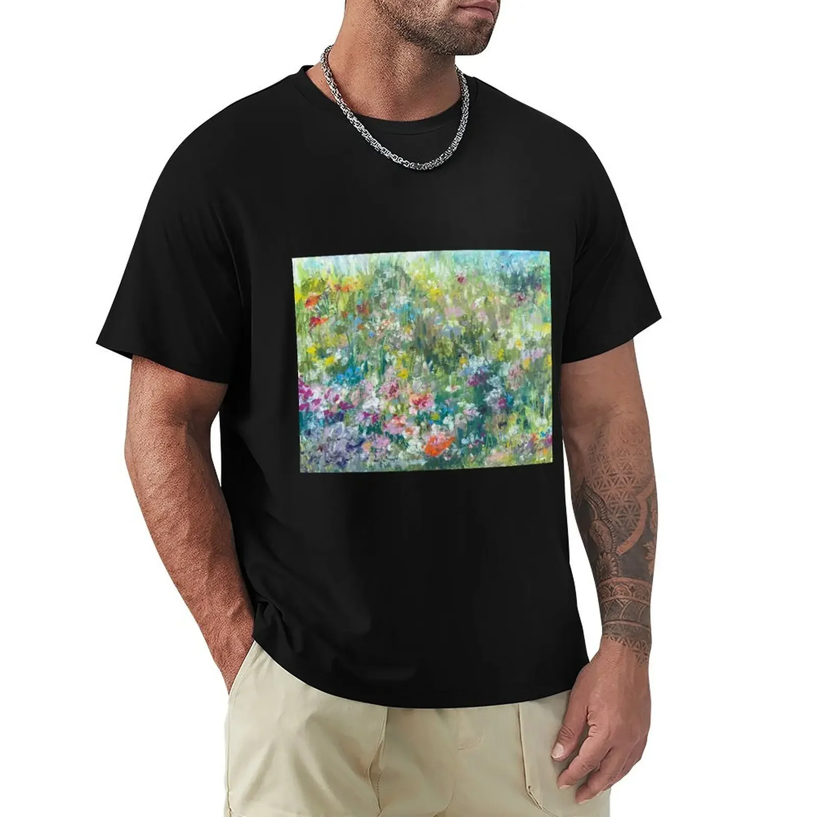 Wild flower meadow in oil pastels T-Shirt graphic tee shirt man t shirt customs design your own mens plain t shirts