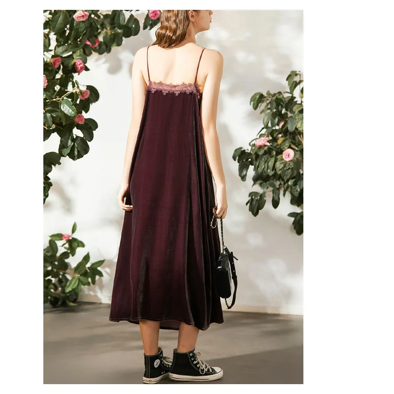 Fengbaoyu-Silk Velvet V-Collar Suspender Dress, French Lace Decorated, Garnet Dress, Spring and Autumn,Casual Dresses