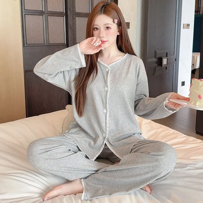 

M-5XL Women Large Size Cashmere Pajamas Korean Women Autumn Winter Long-sleeved Cardigan Trousers Sleepwear Cuasal Loungewear