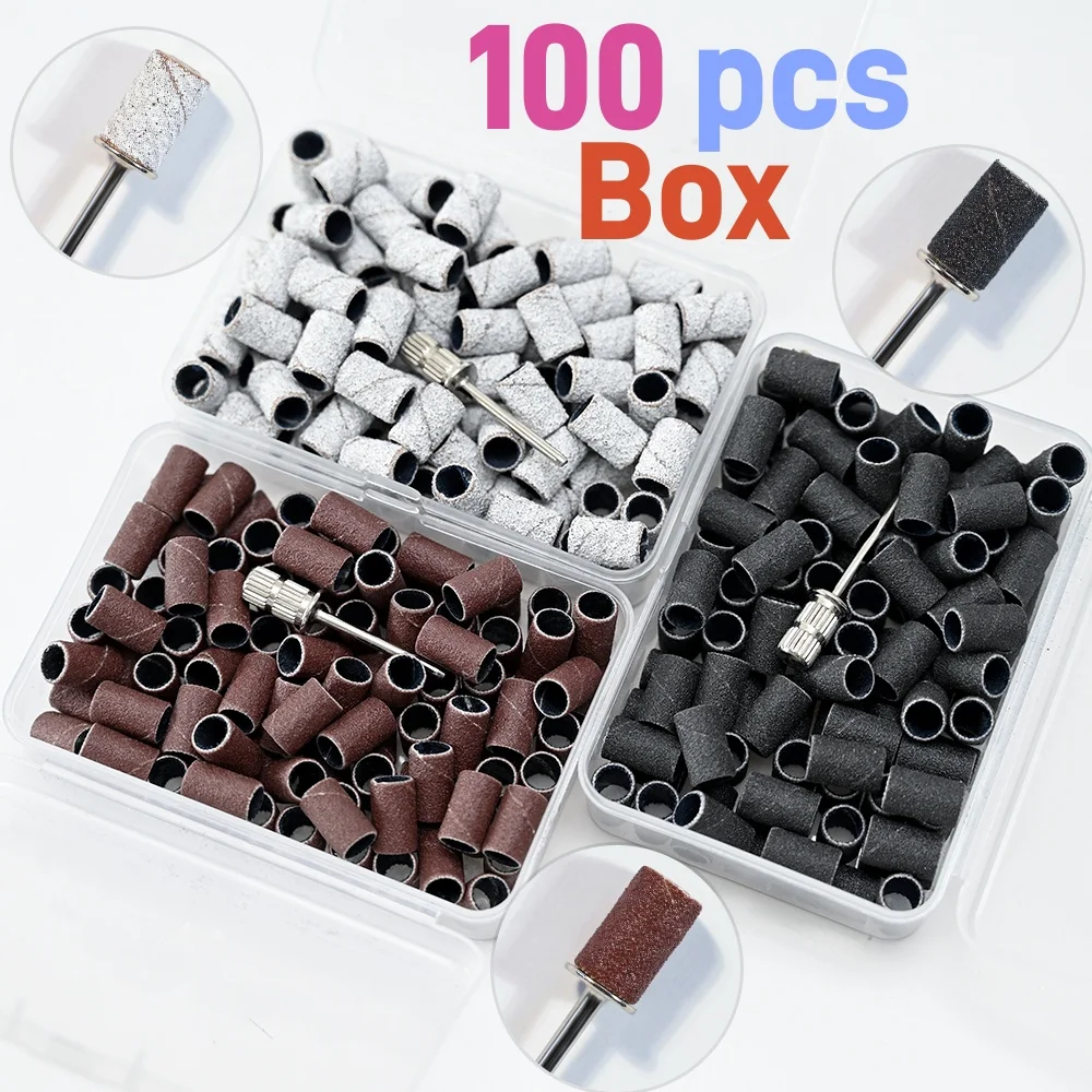 100 stuks nagelschuurringbanden, 80/120/180 #   Korrel + manicureboor slijpkoppen UV-gellak verwijderen Schuuraccessoires Gereedschap