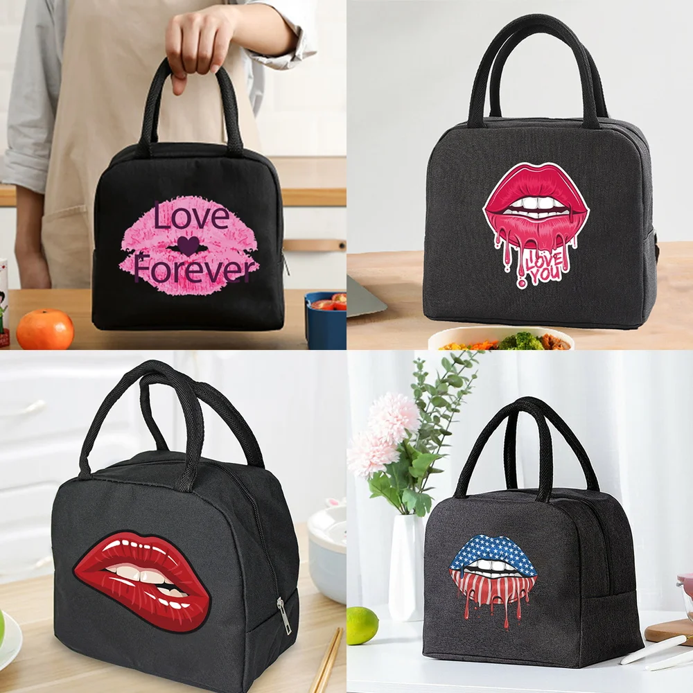 

Lunch Bag Cooler Tote Portable Insulated Zipper Thermal Canvas Bag Food Picnic Unisex Travel Lunchbox Organizer Bags Mouth Print
