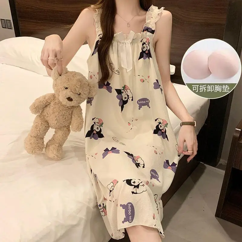 

New Style Sanrio Suspender Nightgown Summer Girl with Breast Pad Cartoon Kuromi Spring and Summer Midlength Pajamas Home Clothes