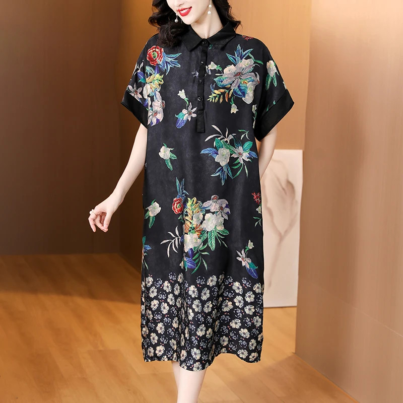 

Summer Print Silk Satin Short Sleeve Polo Collar Midi Dress 2024 Elegant Casual Office Lady Dress Women Chic Luxury Party Dress