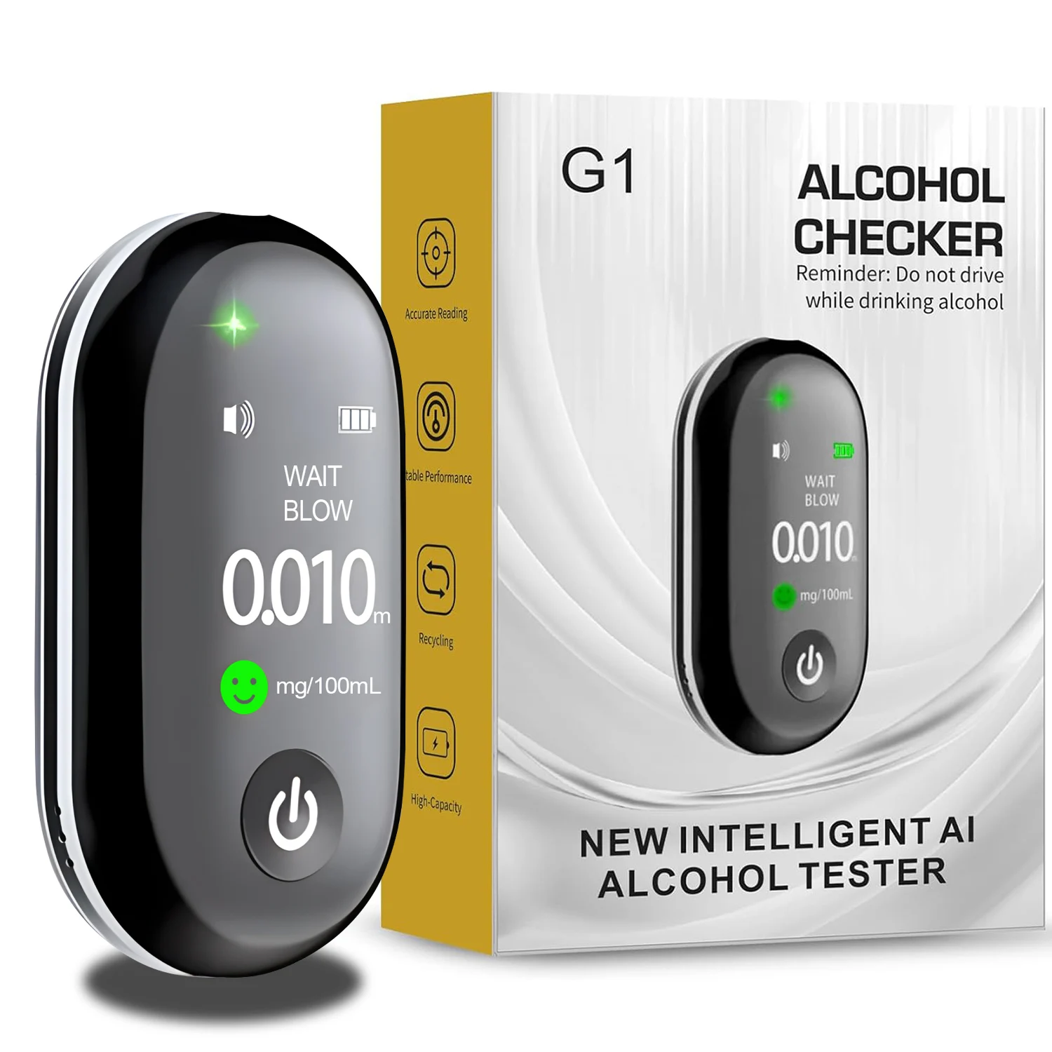 Mini Highly Accurate Sensitive Alcohol Detector Long-Lasting Breathalyzer G1 Multi-Language Tester Rechargeable