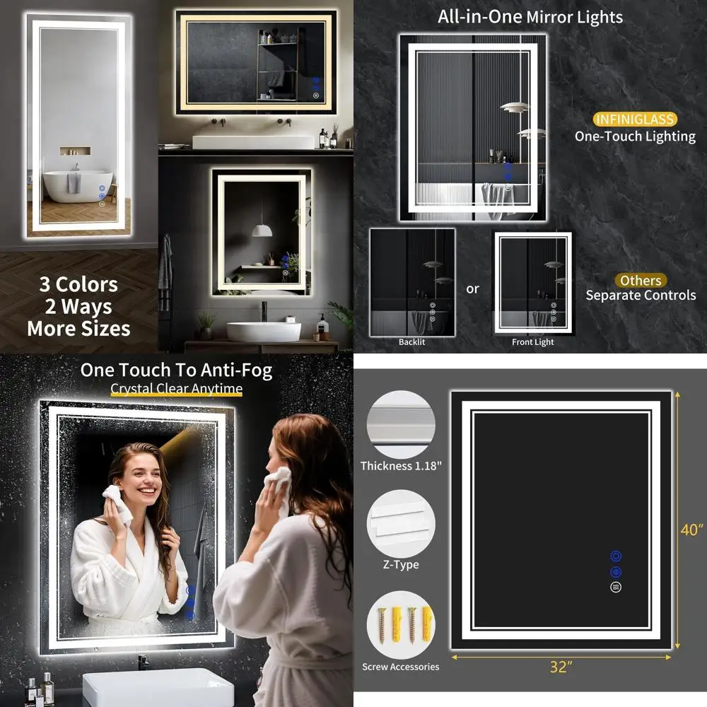 مرآة حمام LED مضادة للضباب، 40 × 32، قابلة للتعتيم بدون خطوات، 3 أضواء ملونة، زجاج مقسى، مقاومة للماء، وظيفة الذاكرة #1