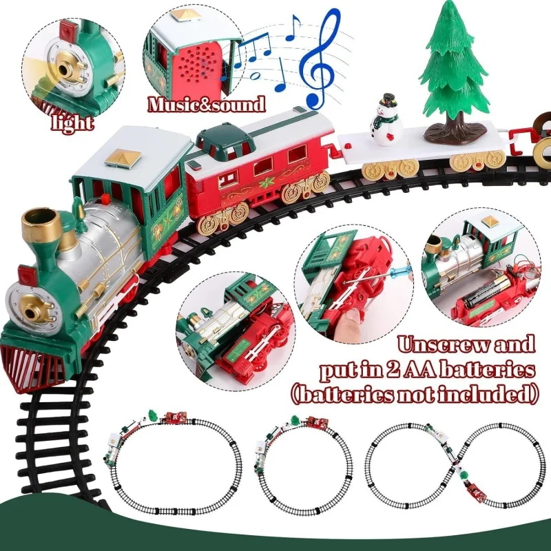 Juego de tren de Navidad eléctrico, juego de vía férrea con motor eléctrico con música, trineo de Papá Noel, muñeco de nieve, regalo de Navidad
