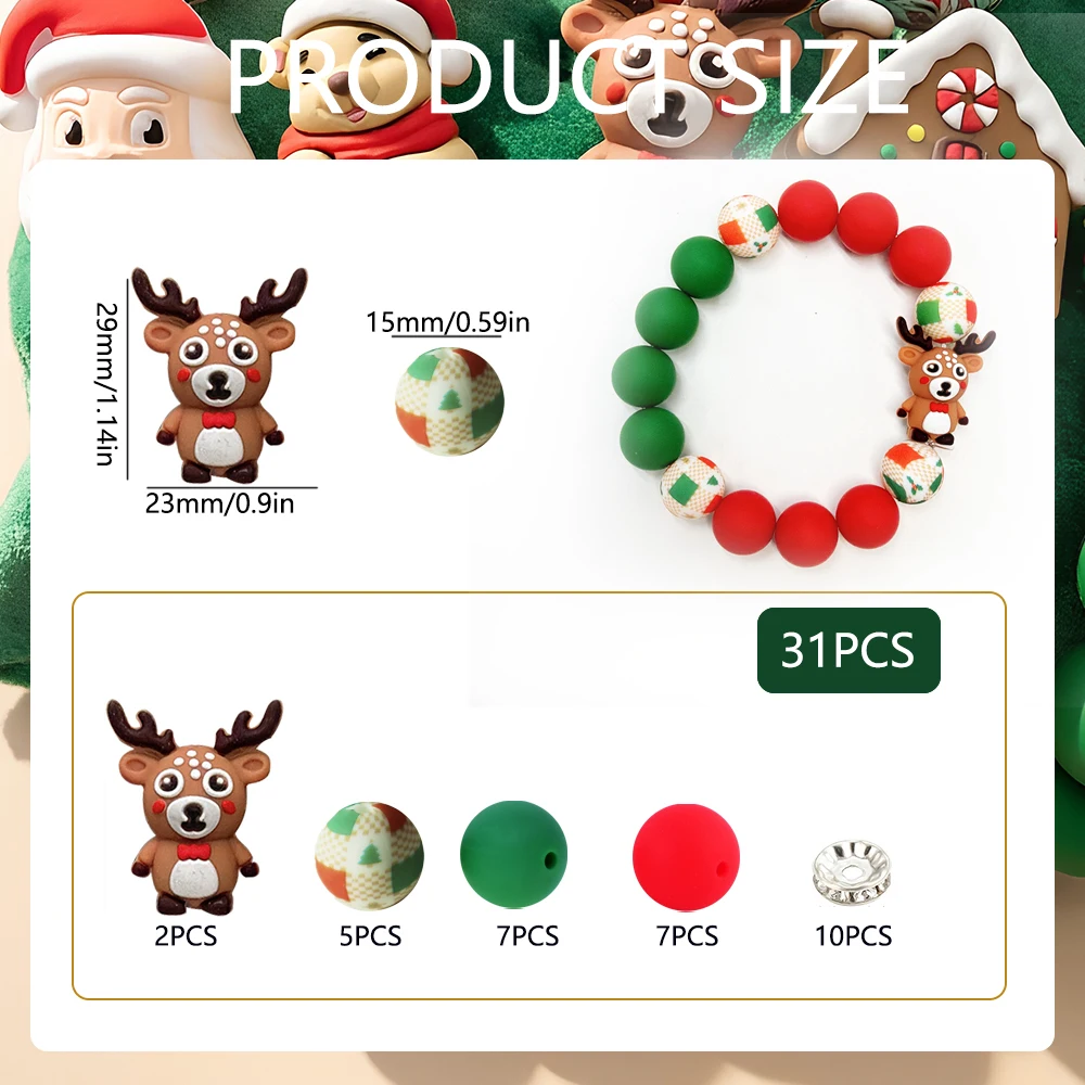 31/55-teiliges Weihnachts-Silikonperlen-Set für DIY-Halsketten, Armbänder, Dekorationen, Stifte, Schmuckanhänger usw. Geburtstagsgeschenk für die Feiertage – Detail 10