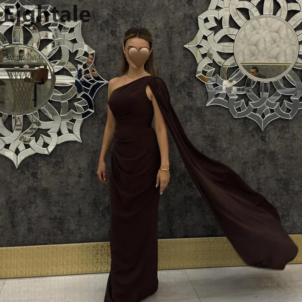 

Eightale 2025 Brown Chiffon Maxi Evening Dress With Cape Sleeve One Shoulder Saudi Arabic Prom Dress Dubai Party Gown Customized