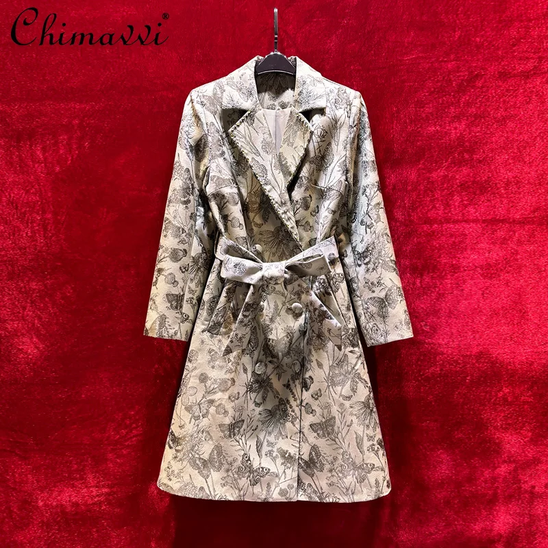 

High Fashion Printed Lace-up Double-breasted Long Trench Coat Women Autumn New Long-sleeved Retro Elegant Commuter Women's Coat