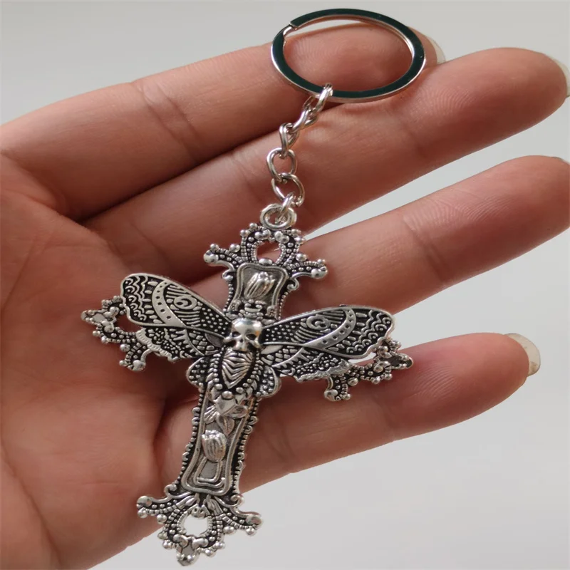 Large Moth Cross keychains Pendant Floral Filigree Victorian Vintage Gothic Style Great Gift for Her Protection Amulet