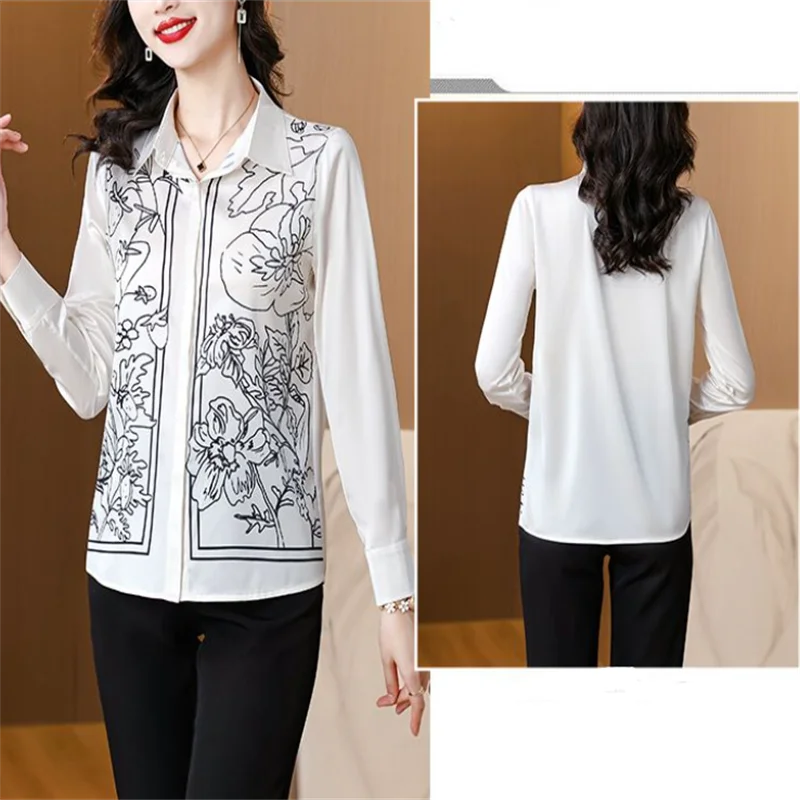 Silk Women's Shirt Vintage Top for Women Button Up Polo Neck Blouse Printed Women Clothing Long Sleeve Top Female Basic OL Shirt