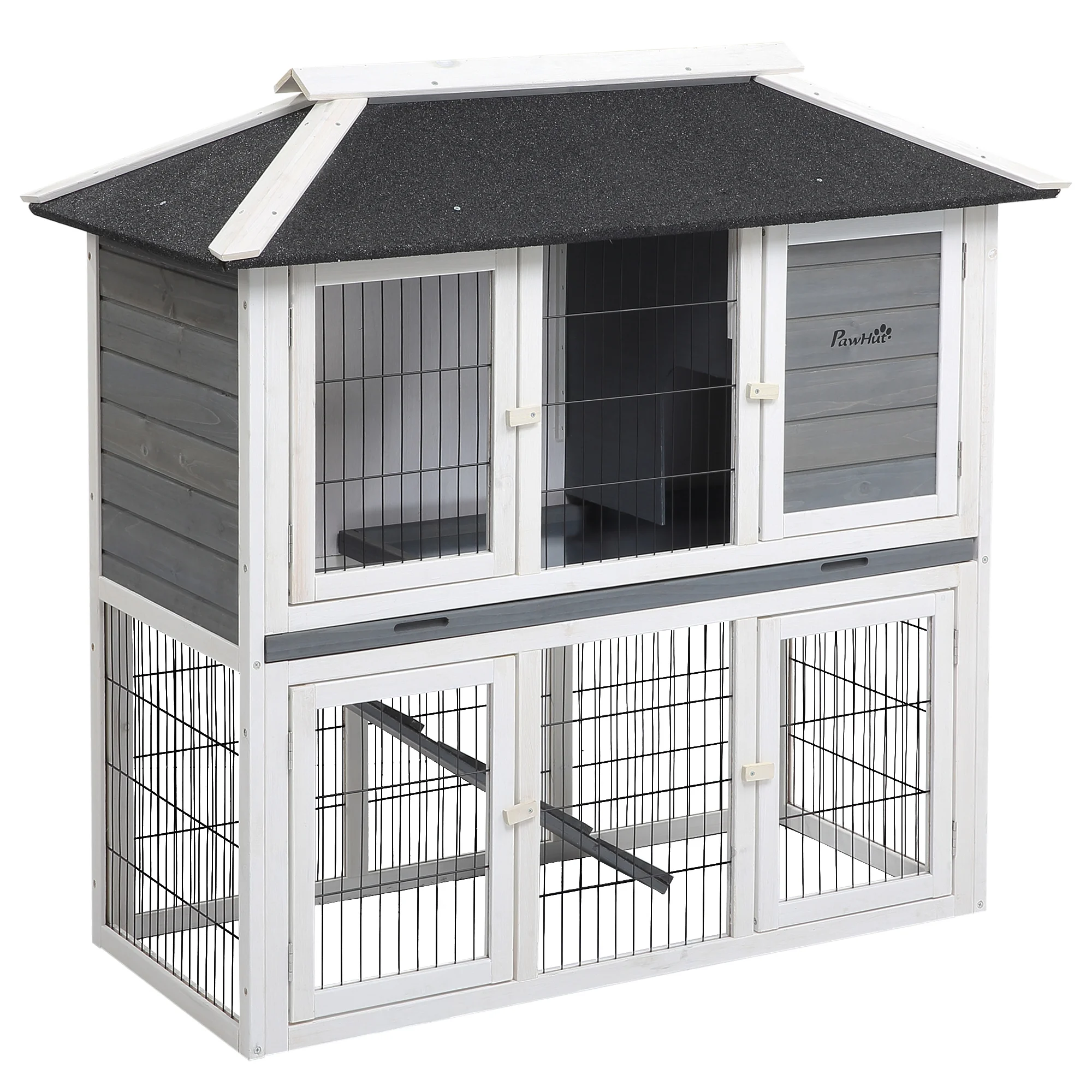 PawHut outdoor wooden Hutch raised cage for 2 rabbits with asphalt roof Metal Corral removable tray multiple doors and ramp 117x62,5x115 cm Gray