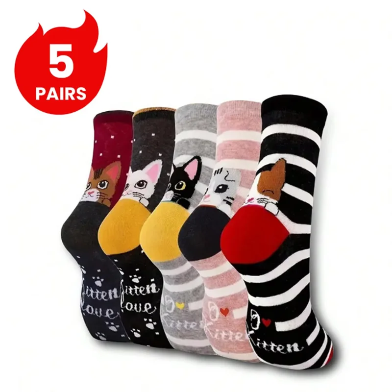 5 Pares de Meias Femininas com Estampas de Gatos, Bonitas, Únicas, Divertidas, Confortáveis, que Absorvem a Umidade