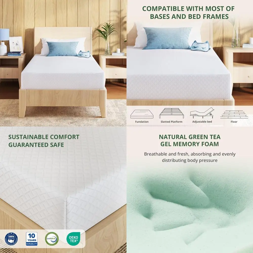 Green Tea Gel Memory Foam Twin XL Mattress - Medium Firm, Removable Washable Cover, Bed-in-a-Box, CertiPUR-US Certified