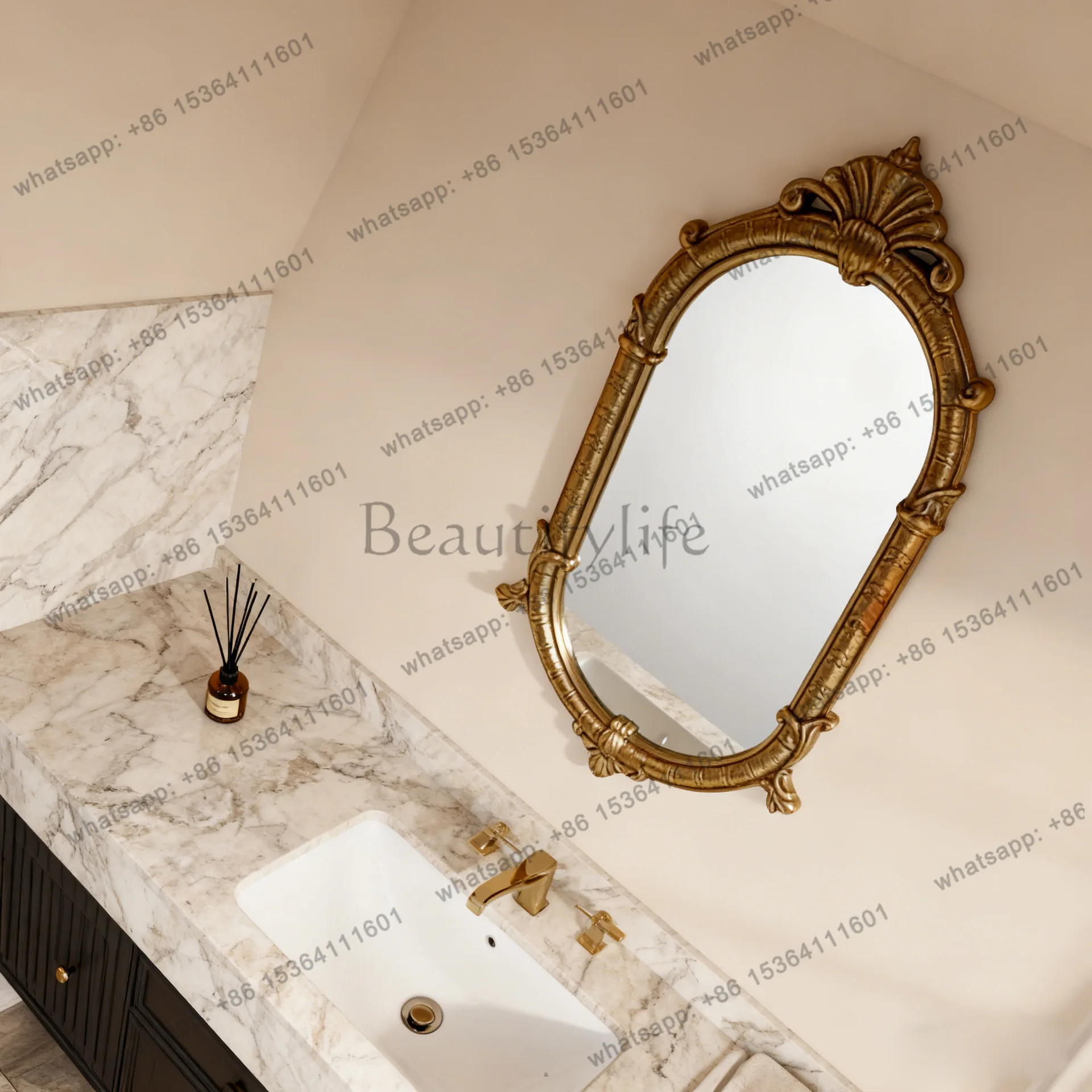 French bathroom mirror European retro carved mirror hanging fireplace decoration