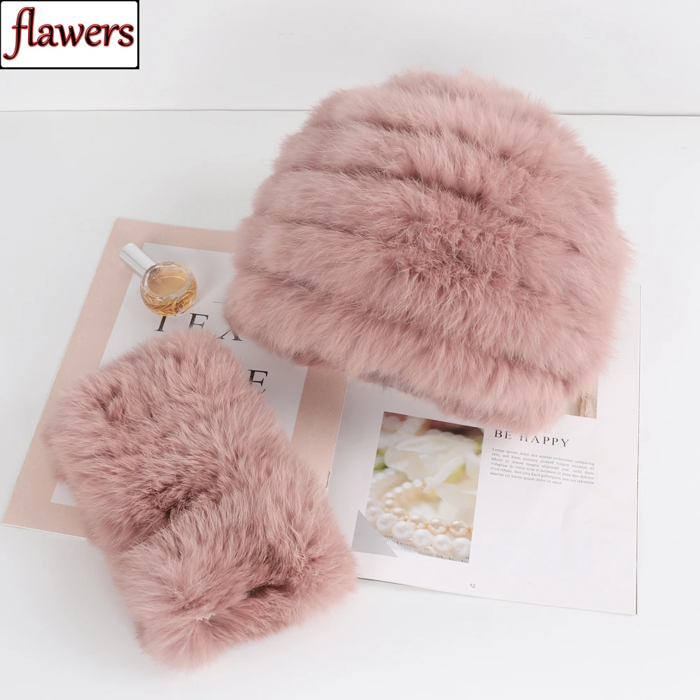 

2025 New Fashion Women Knitted Outdoor Genuine Rabbit Fur Scarves Hats Sets Winter Lady Warm Fluffy Natural Rabbit Fur Scarf Cap