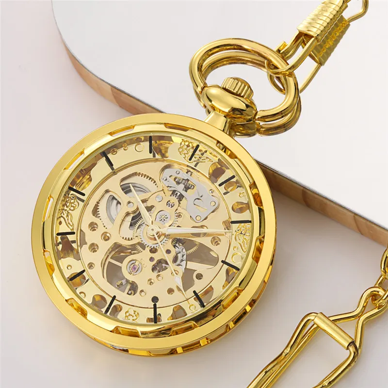 Bronze Hand Wind Mechanical Pocket Watch Gold Transparent Skeleton Fob Chain Antique Clock Luminous Hands Gift for Men Women