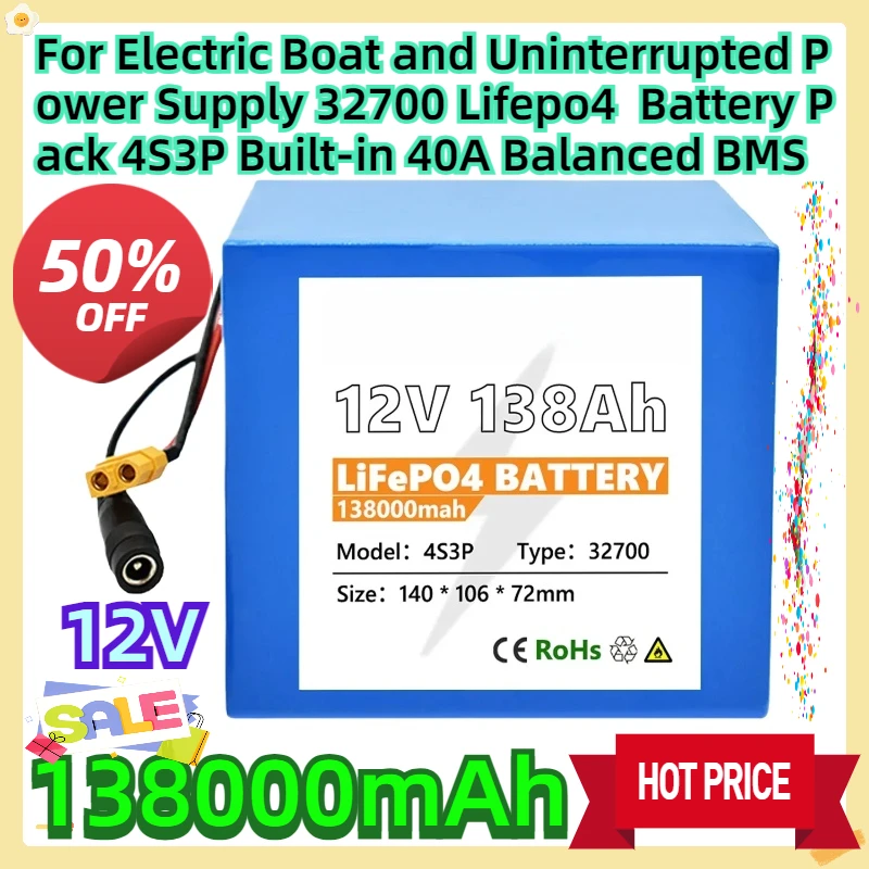 

For Electric Boat and Uninterrupted Power Supply 32700 Lifepo4 12V Battery Pack 138000mAh 4S3P Built-in 40A Balanced BMS