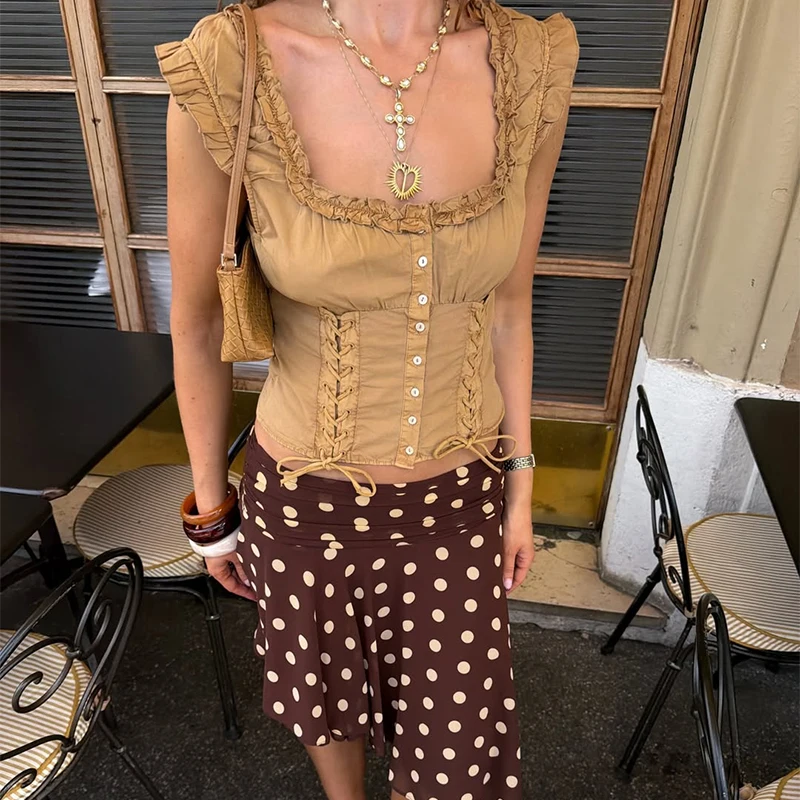 

TARUXY Polka-Dot Skirt Set Women Sleeveless Ruched Button Lace Up Camisole Irregular Skirt 2026 Summer New Streetwear Set Female