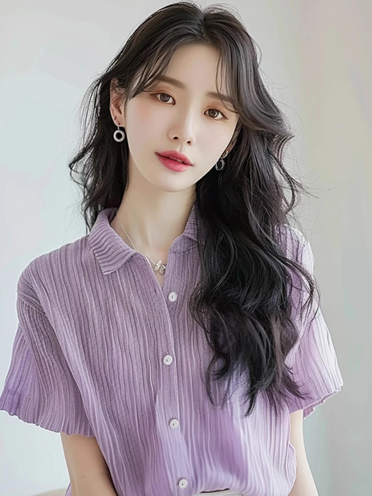 

Ele Unique Purple ort Sve Ne irt Loose Meat Concealing Button up Top Women's Faion Summer Casual Blouse