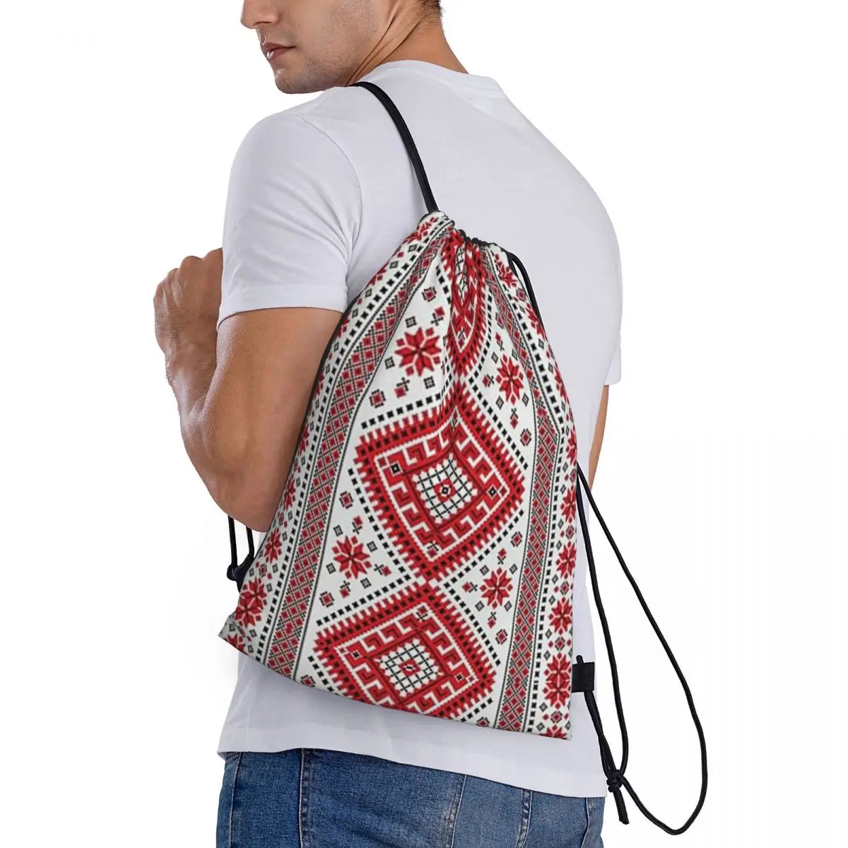 

Bold Colorful Ukraine Style Vyshyvanka Embroidery Bohemian Geometric Backpacks Fashion Drawstring Bags Sundries Bag Book Bags