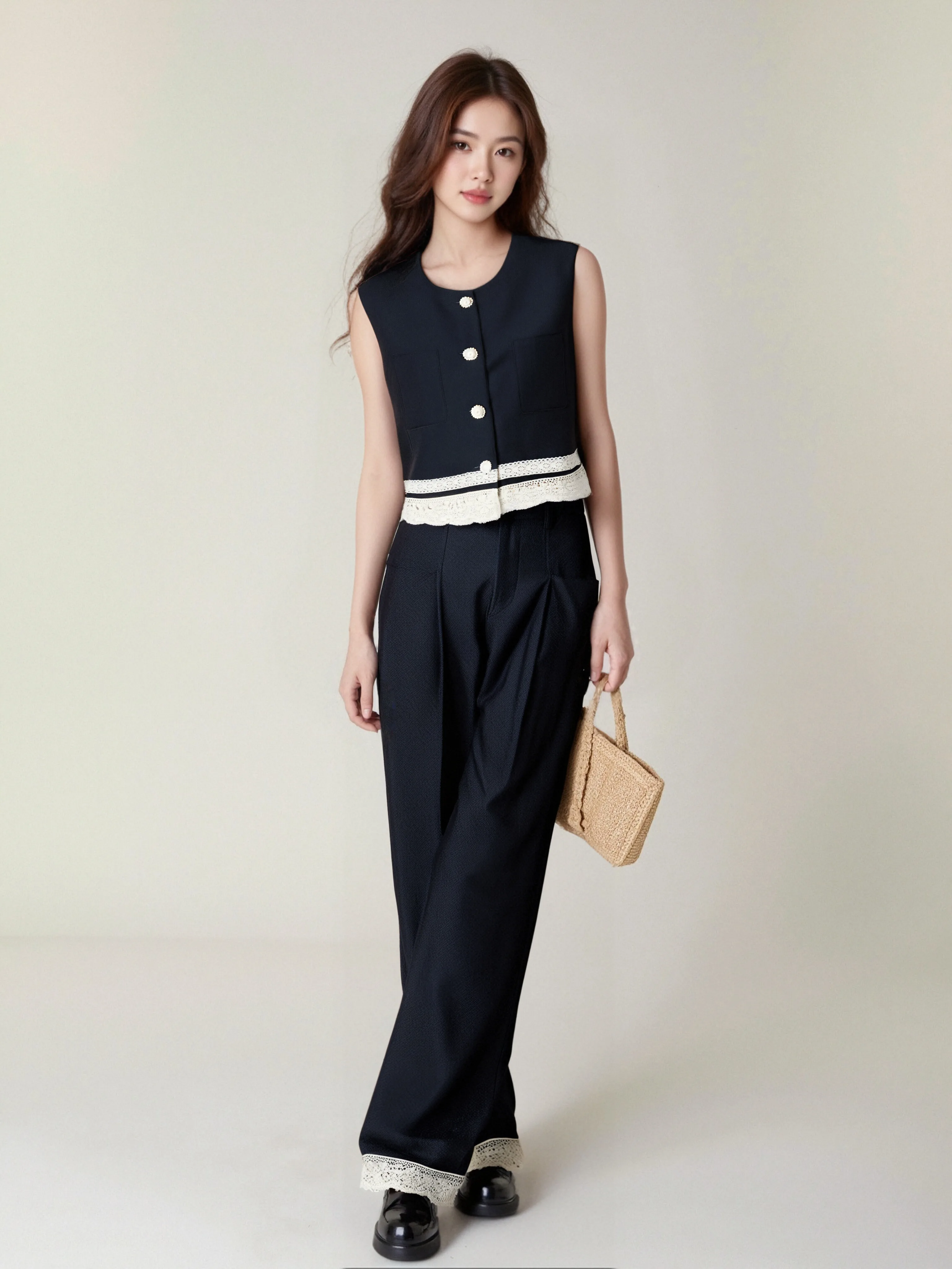 

Korean Style Temperament Lace Patchwork Denim Vest And Wide Leg Pants Two-Piece Set Versatile Fashion Outfit for Women