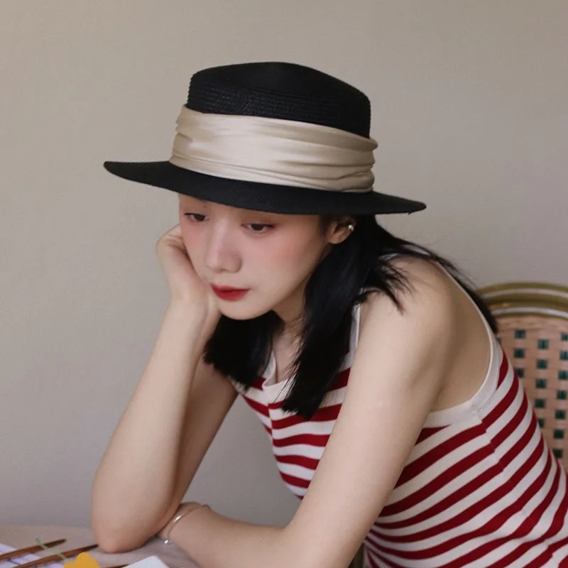 French Vintage Black Satin-Feel Straw Wide Brim Hat for Women Flat Brim Summer Sun Hat Elegant Dress Hat for Outdoor Beach