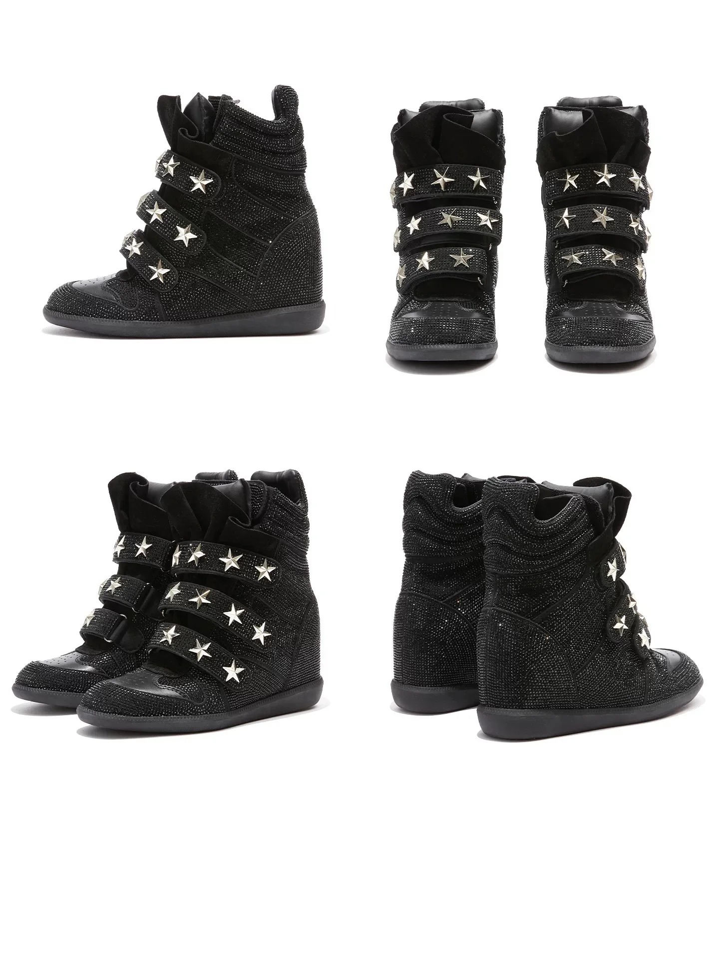 Image of Beigefarbene Block-Design High-Top-Sneaker mit verstecktem Keilabsatz, mehreren Klettverschlüssen, Patchwork-Wildleder, lässige Plateau-Stiefeletten für Damen