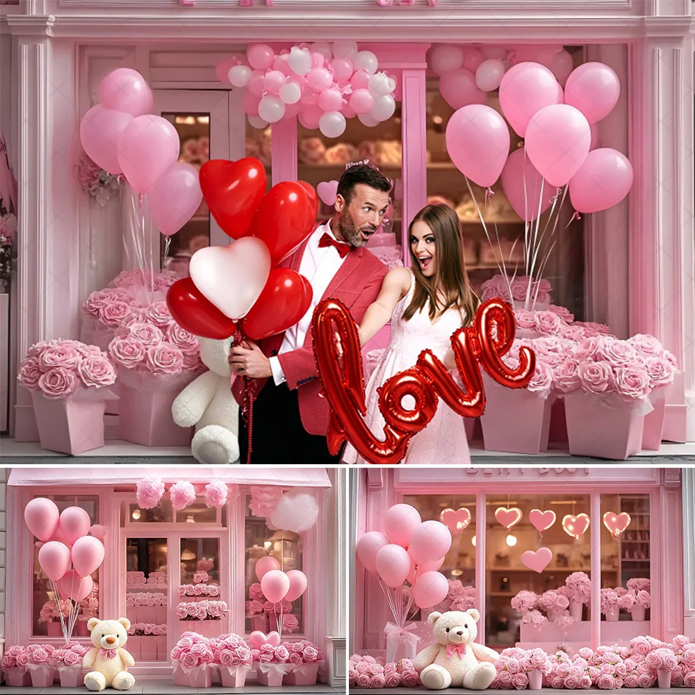 

Pink Valentine's Day Shop Backdrop February 14 Valentine Rose Flower Toy Bear Love Heart Balloons Wedding Photography Background