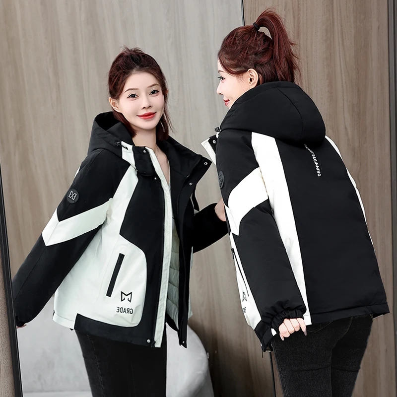 

Winter Thiened ort Cotton Jaet Women's Casual Loose Workwear Coat Color Blo Contrast Design Commuter Sle Zipper Clo...