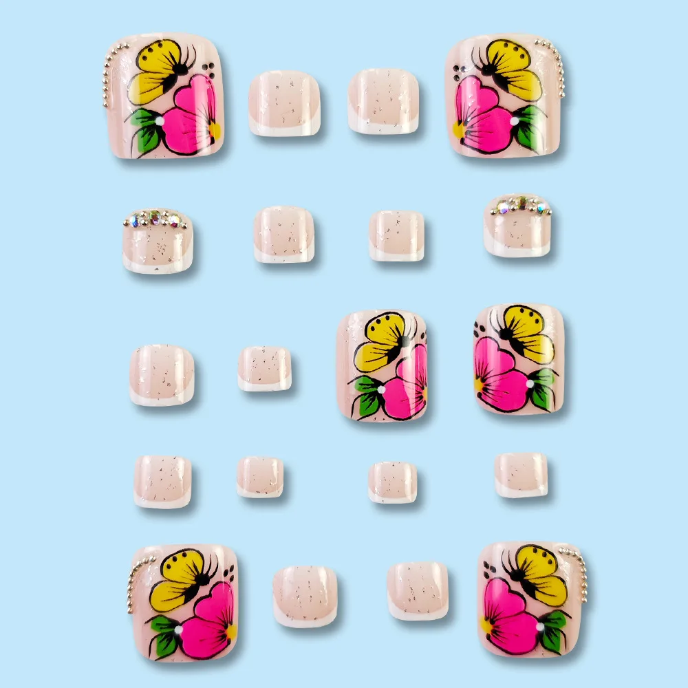 24szt Summer Press on Nails for Foot Beauty Butterfly Flower Pattern Design Fake Toe Nail Patch Odpinane francuskie sztuczne paznokcie u stóp