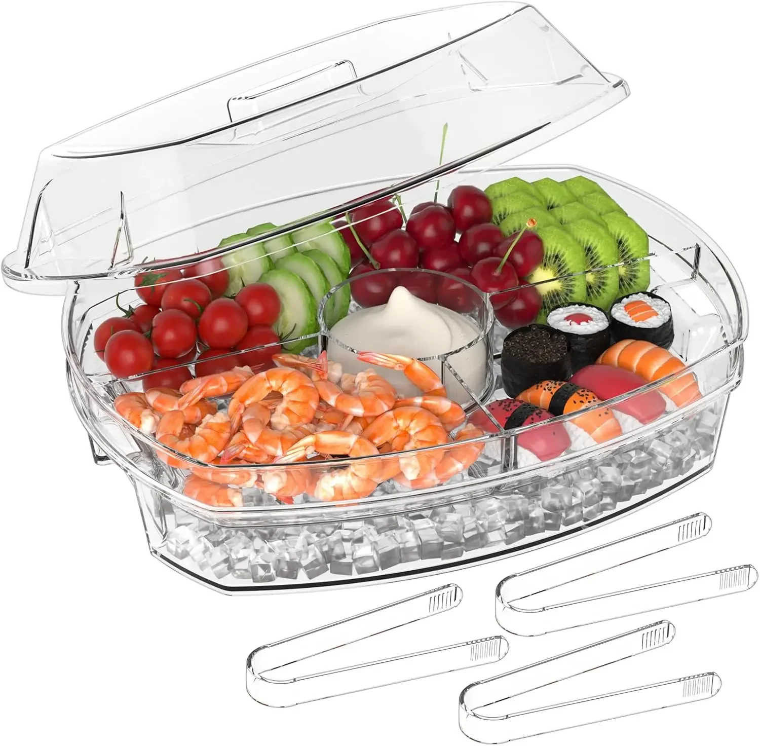 Ice Chilled Party Platter 15'' Divided Serving Tray with Lid 4 Compartments Clear for Shrimp Cocktail