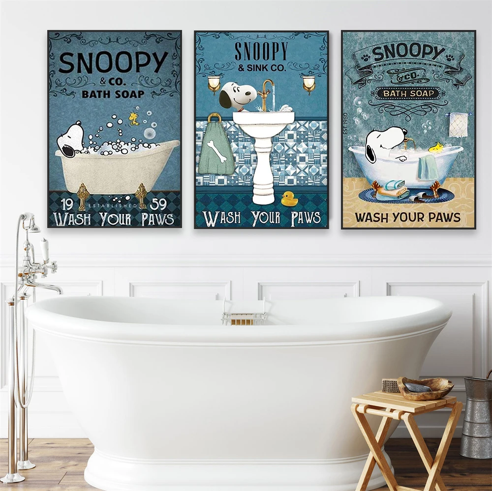 Snoopy Bath Soap Wash Your Paws Poster Vintage Wall Art Funny Picture Canvas Painting Print for Kids Bathroom Home Decor Cuadros