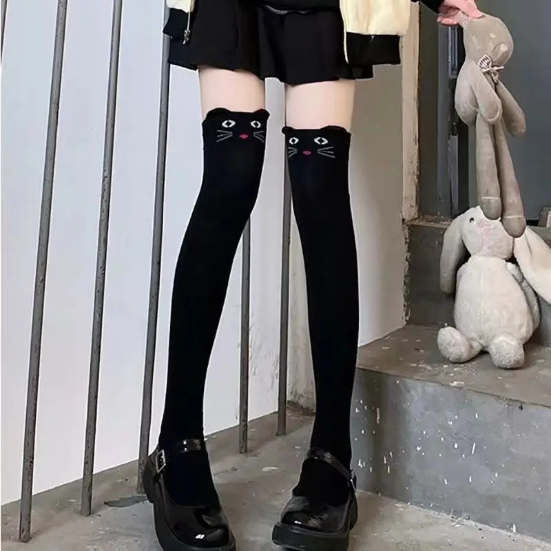 Autumn and Winter Leg Warmers Lolita Kawaii Thigh High Thick Socks Woman Cartoon Black Knit Warm Over the Knee Socks for Women