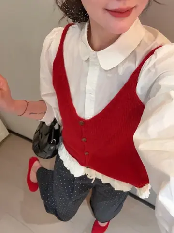 빨간색 브이넥 니트 베스트 여성용 통근 일반적 순수 온라인 판매 빨간색 브이넥 니트 베스트 여성용 레이어드 외출용 베스트 Best5