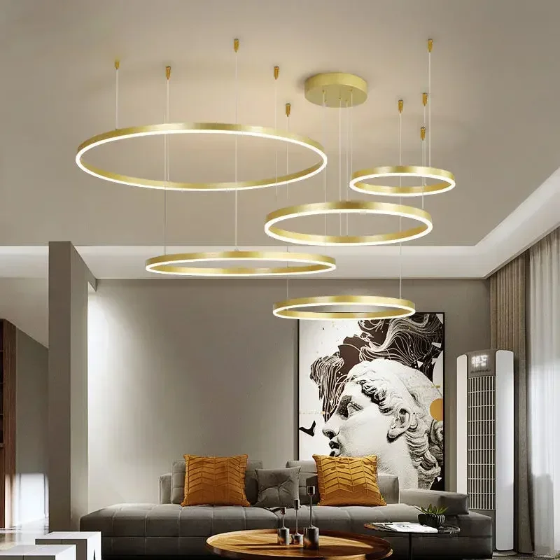 

Modern 5-Ring LED Chandelier Dimmable Gold Black Brown Pendant Light for Bedroom Living Room Suspension Design Fixture