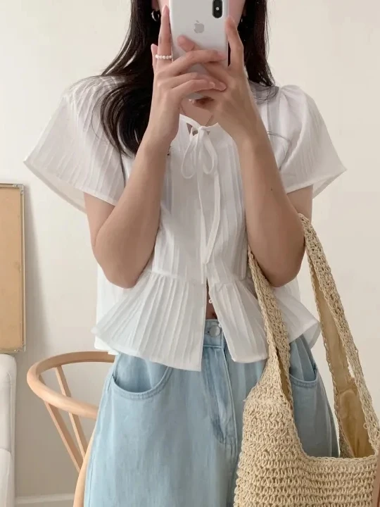 

Korean Sle Sweet Simple Slimming ort Sve round Ne Pleated Belted irt Women's Top Commute Straight Cut Summer Regul...